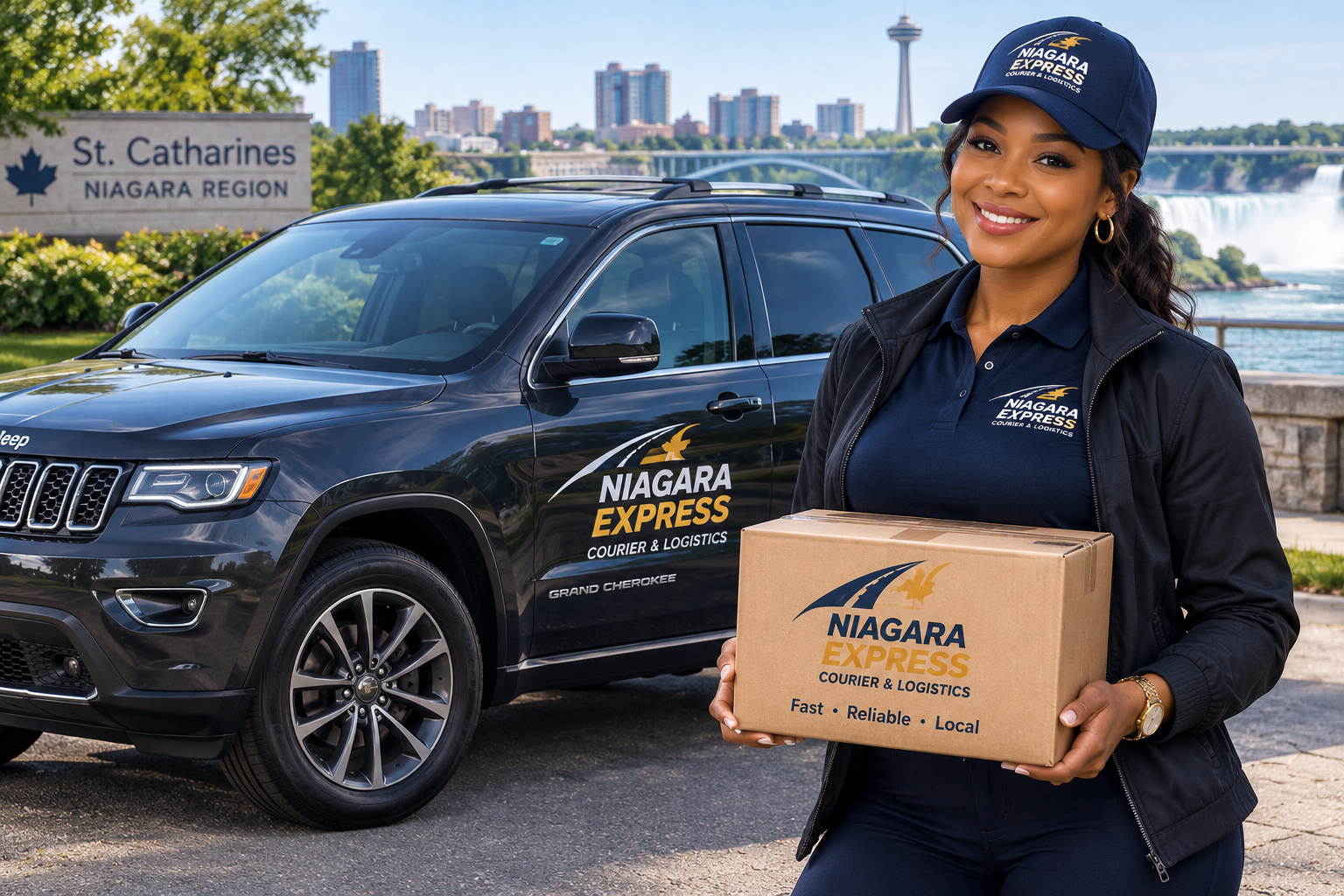 Niagara Express courier with a parcel beside the delivery vehicle